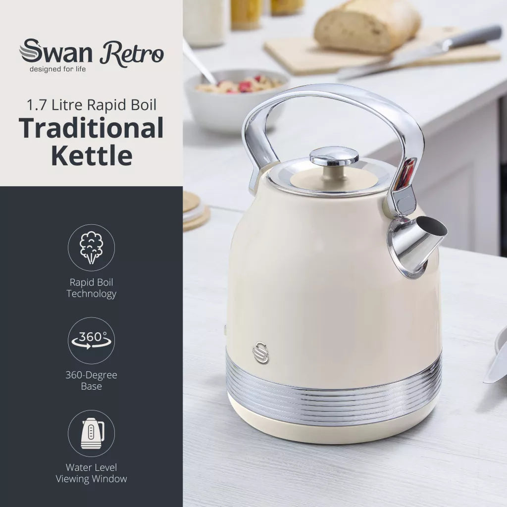 Swan Swan Retro Pyramid Kettle & 2 Slice Toaster Kitchen Set (Chantilly Cream)