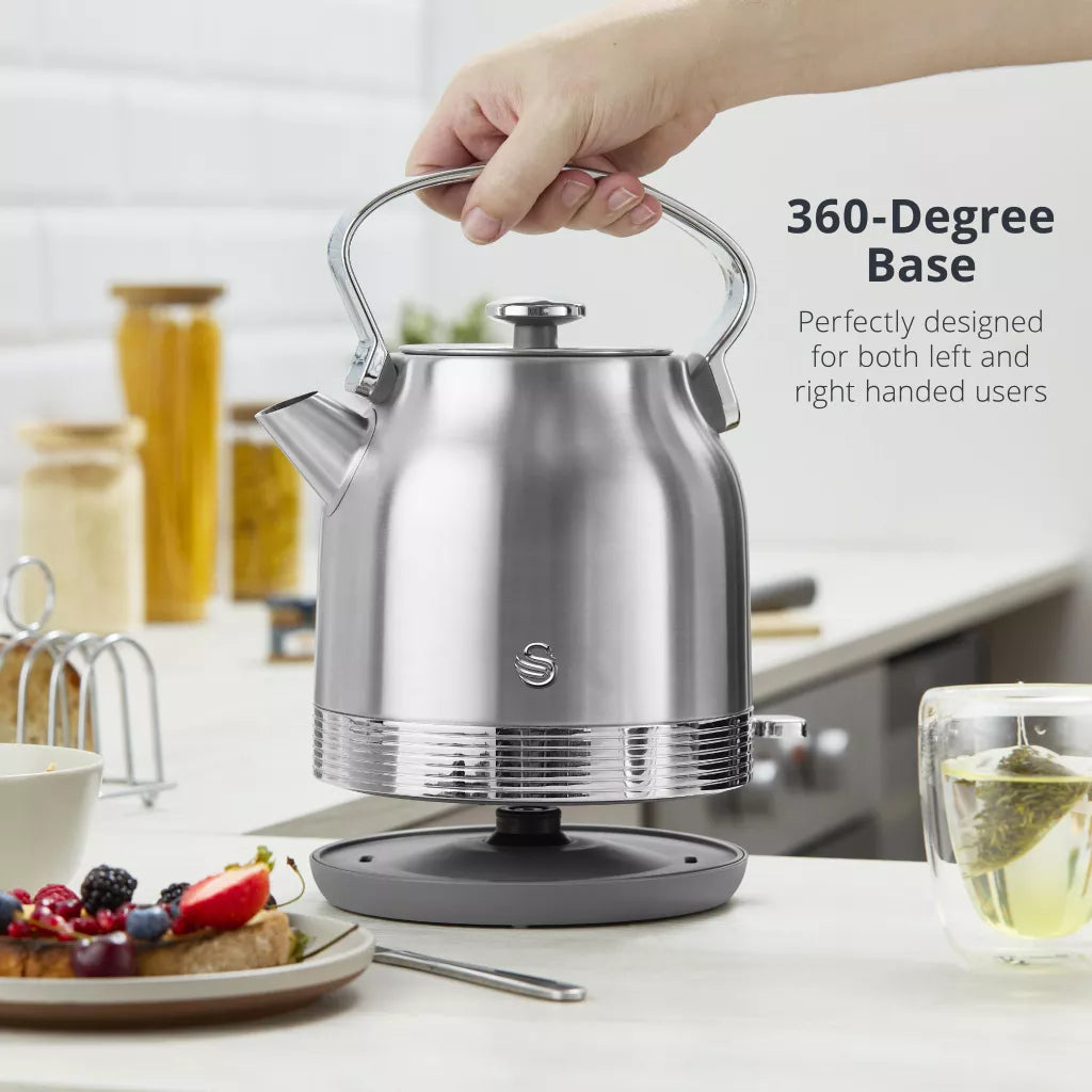 Stainless steel retro pyramid electric kettle with domed lid and curved carry handle