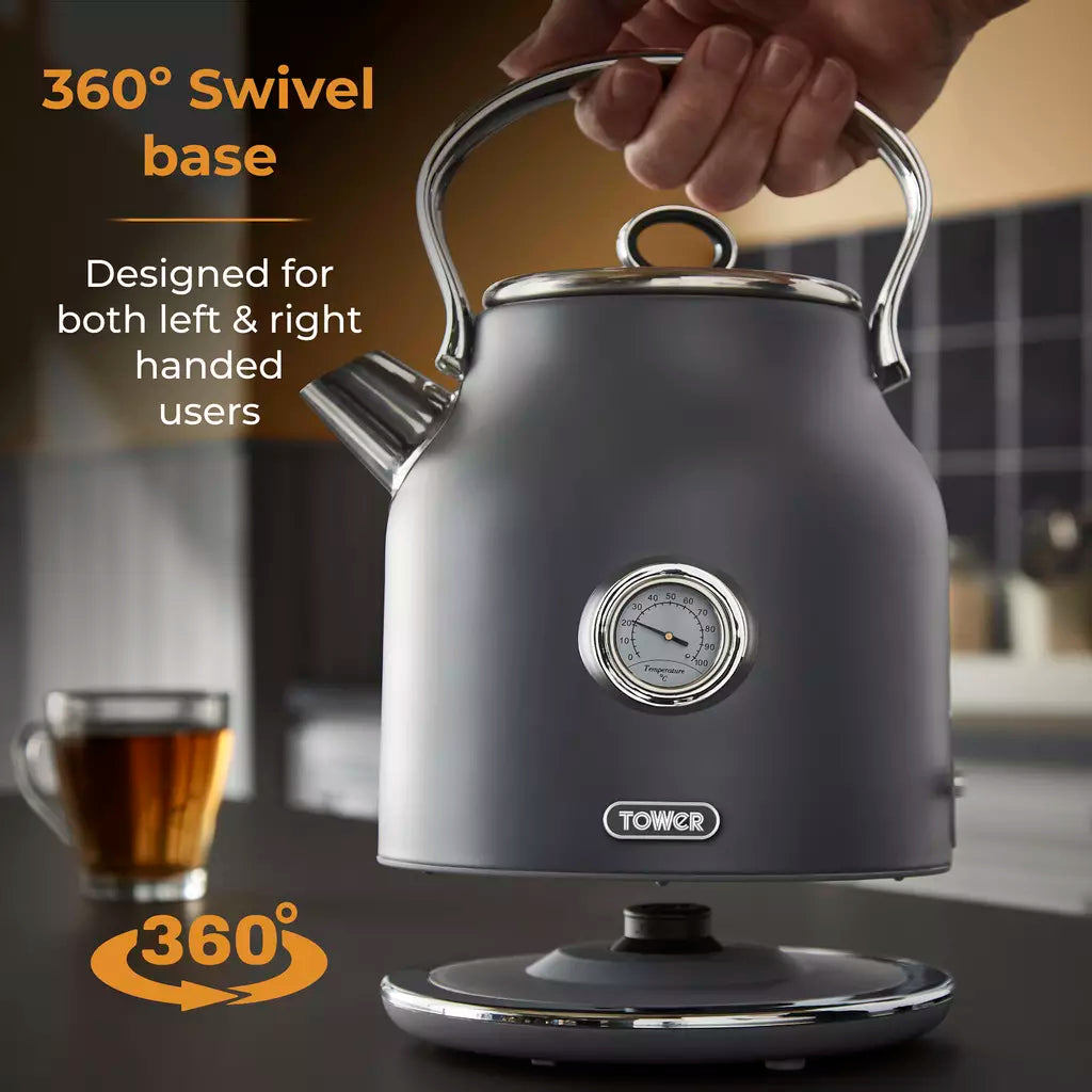Tower Tower Renaissance Kettle, 4 Slice Toaster, Bread Bin & Canisters Kitchen Set (Grey)