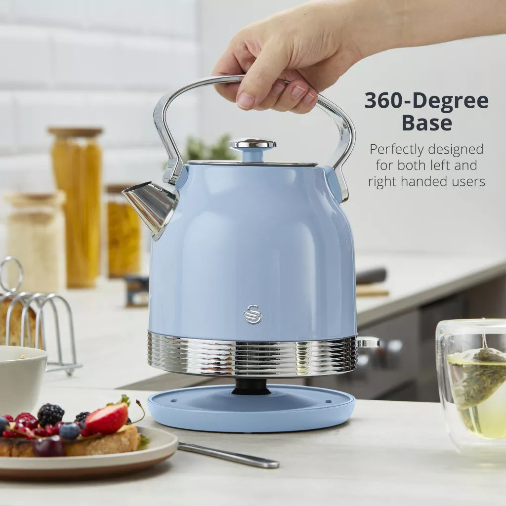 Blue kettle on flat 360-degree base with arched carry handle