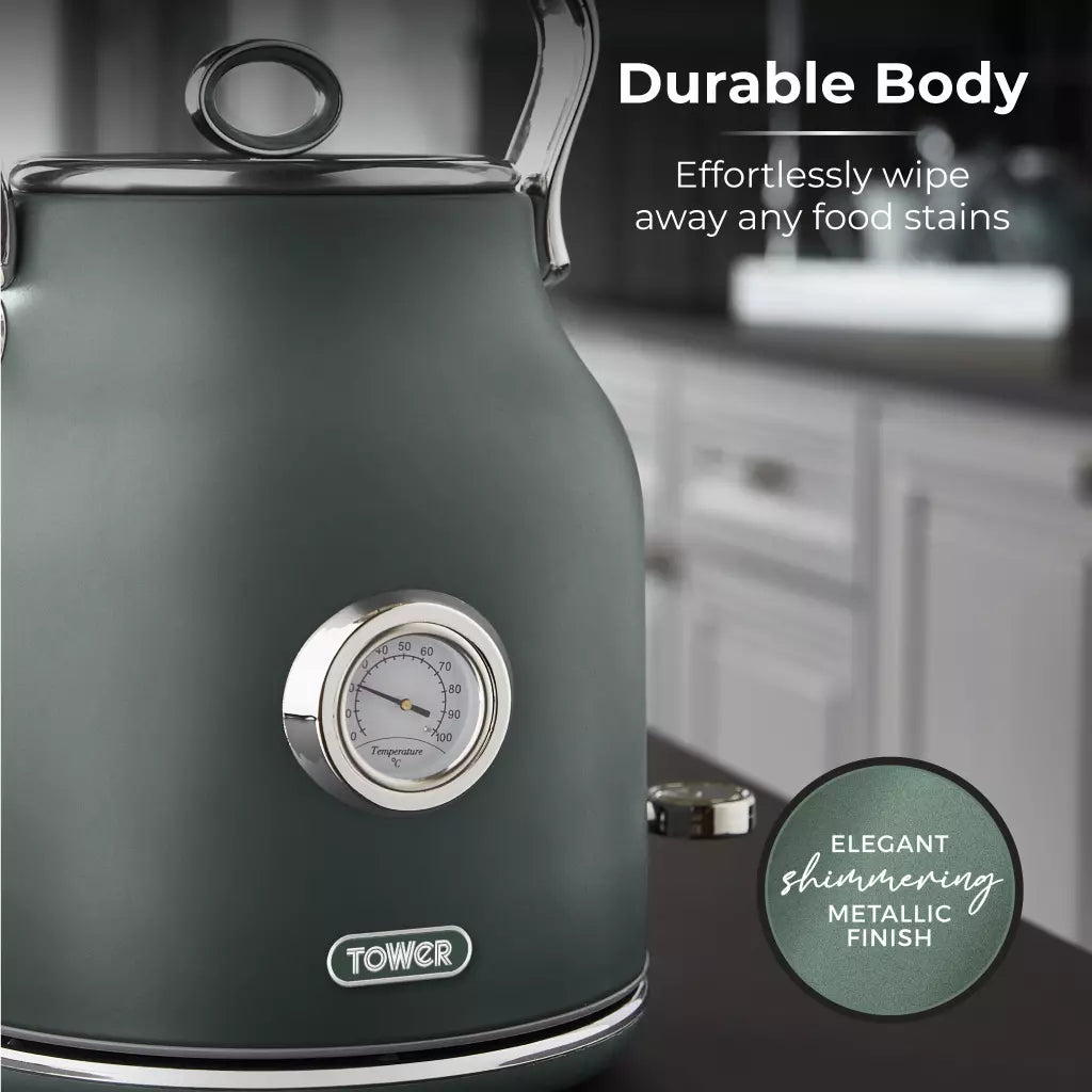 Forest green kettle front view with temperature gauge, chrome details, and base