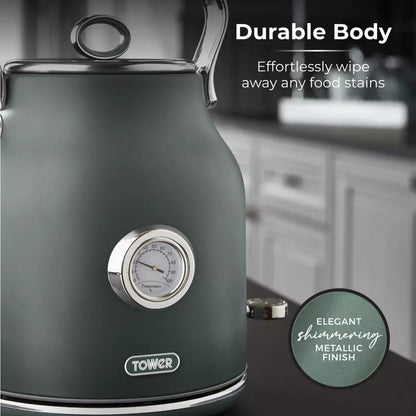 Forest green kettle front view with temperature gauge, chrome details, and base