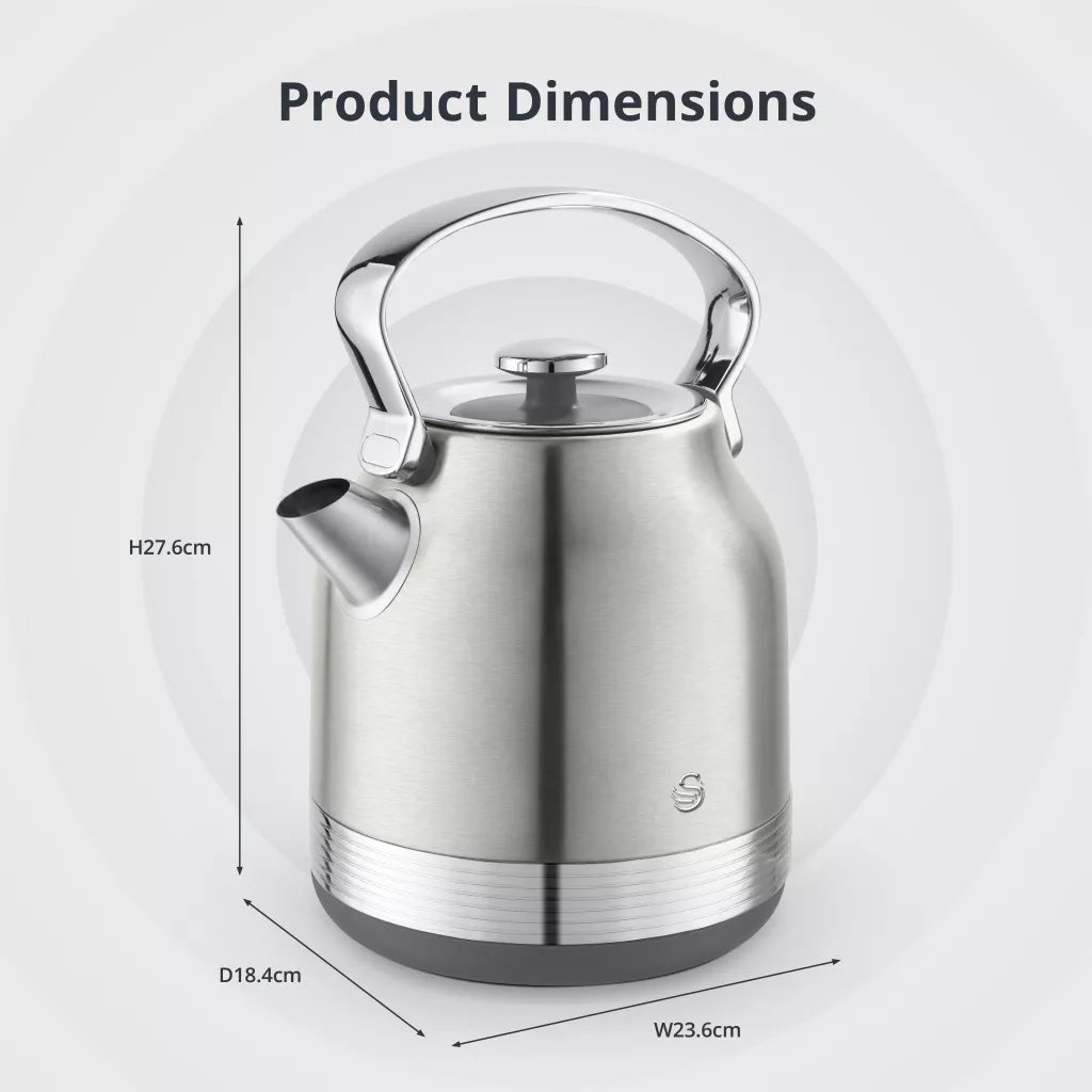 Stainless steel electric kettle with curved handle, spout, and rounded body