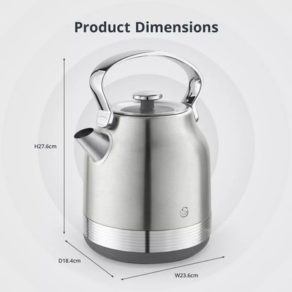 Stainless steel electric kettle with curved handle, spout, and rounded body
