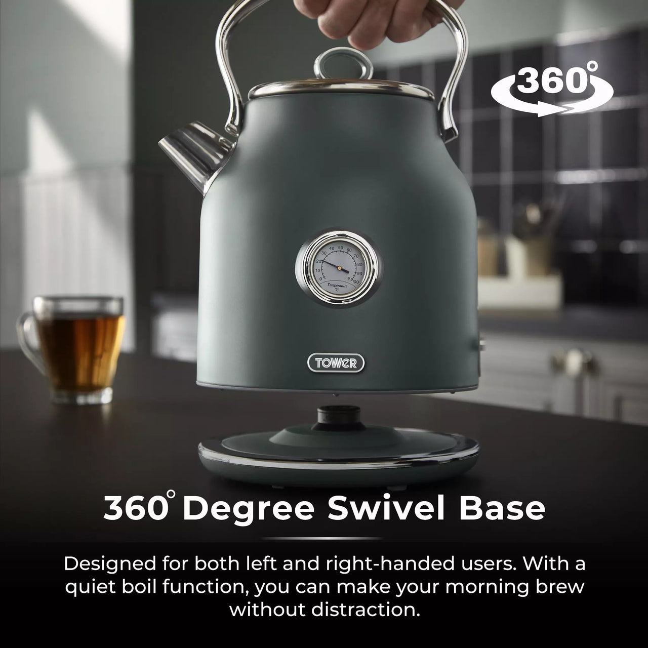 Forest green kettle on a 360-degree swivel base with chrome handle and spout