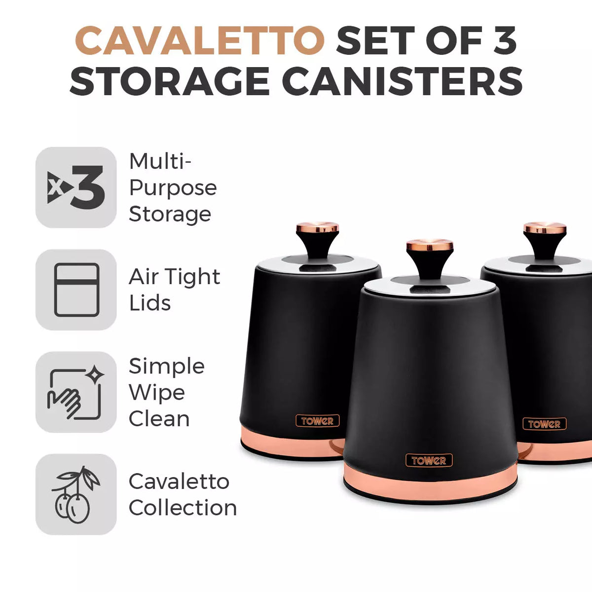 Tower Cavaletto Jug Kettle, 2 Slice Toaster, Canisters & Microwave Kitchen Set (Black)