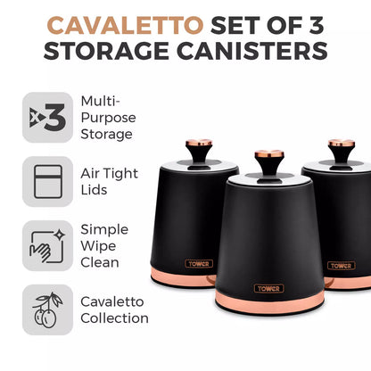 Tower Cavaletto Jug Kettle, 2 Slice Toaster, Canisters & Microwave Kitchen Set (Black)