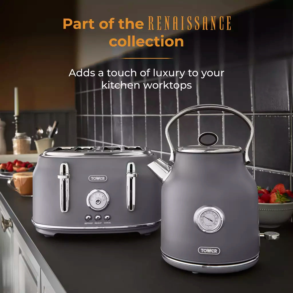 Tower Tower Renaissance Kettle, 4 Slice Toaster, Bread Bin & Canisters Kitchen Set (Grey)