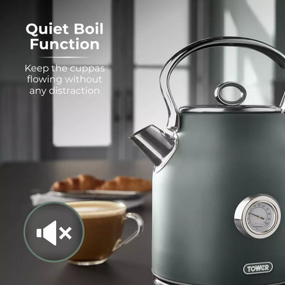 Forest green electric kettle with side gauge and pouring spout, steam rising