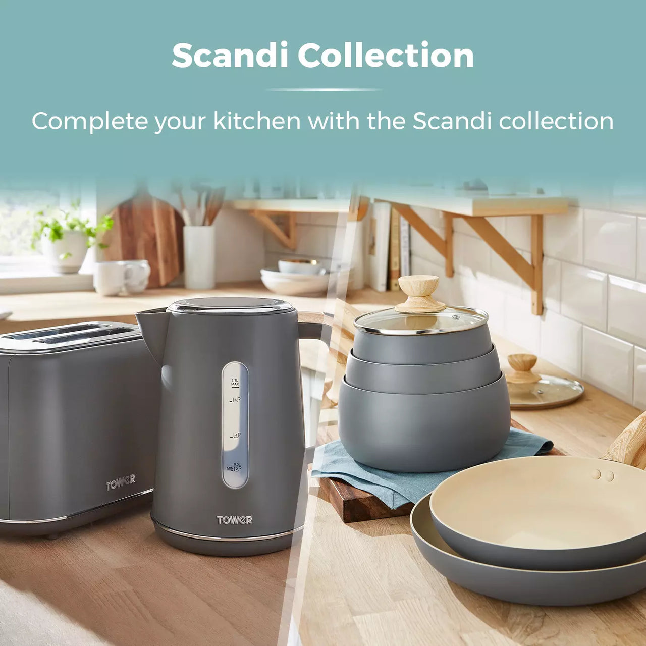 Scandi-style kitchen set featuring a dark grey kettle and matching countertop warmer