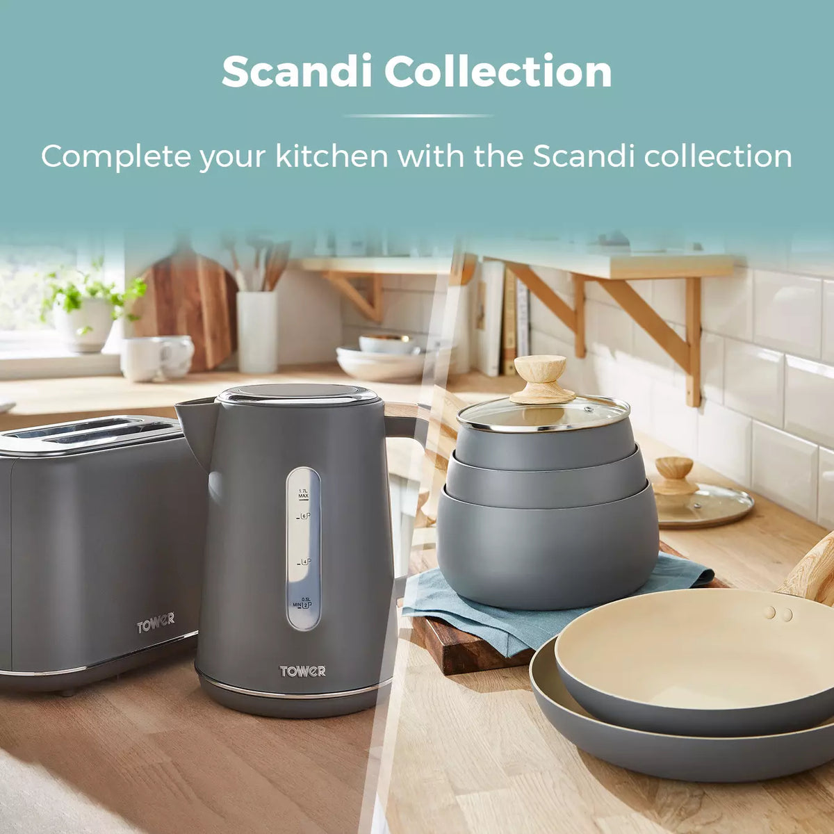 Tower Tower Scandi Kettle & 2 Slice Toaster Kitchen Set (Dark Grey)