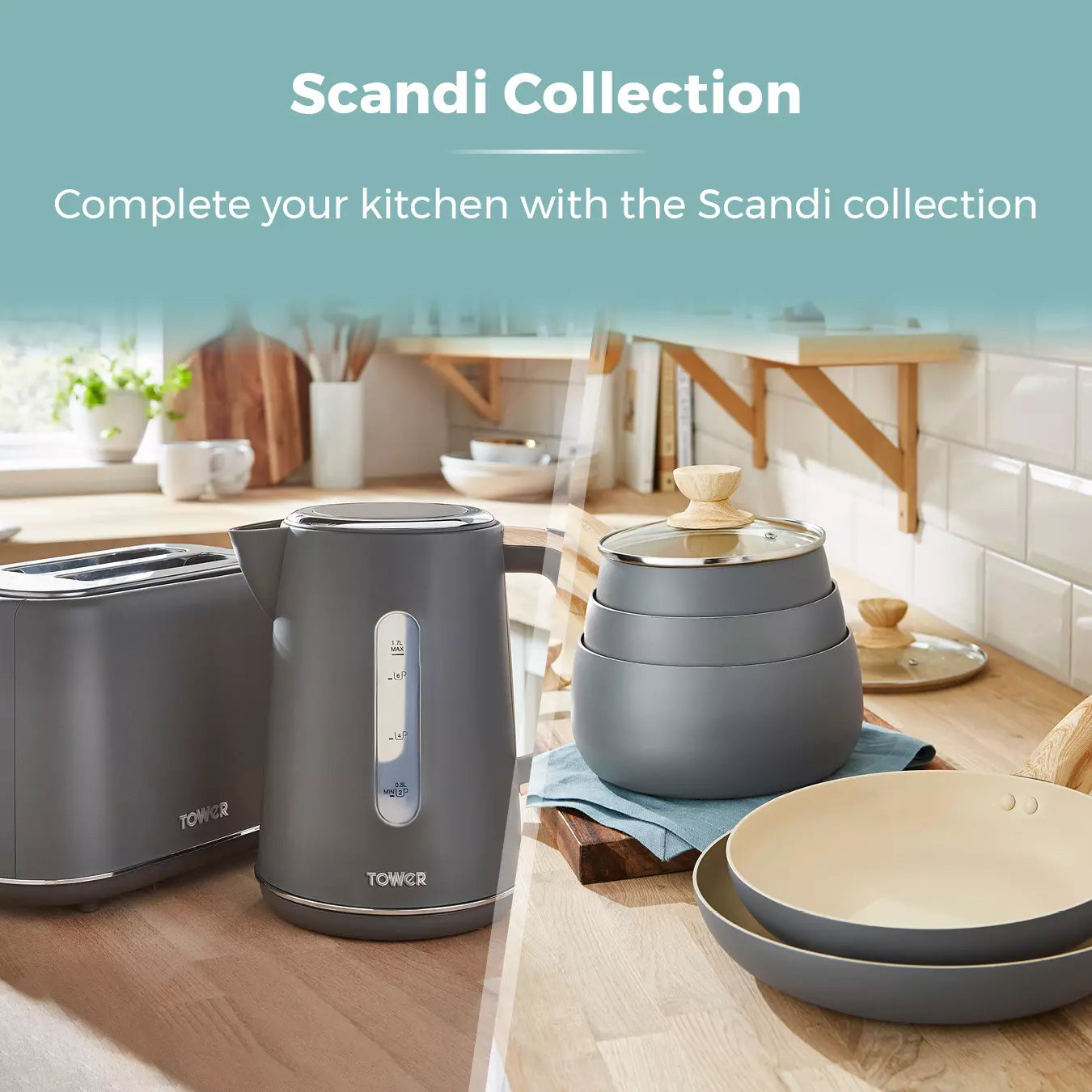 Scandi-style kitchen set featuring a dark grey kettle and matching countertop warmer