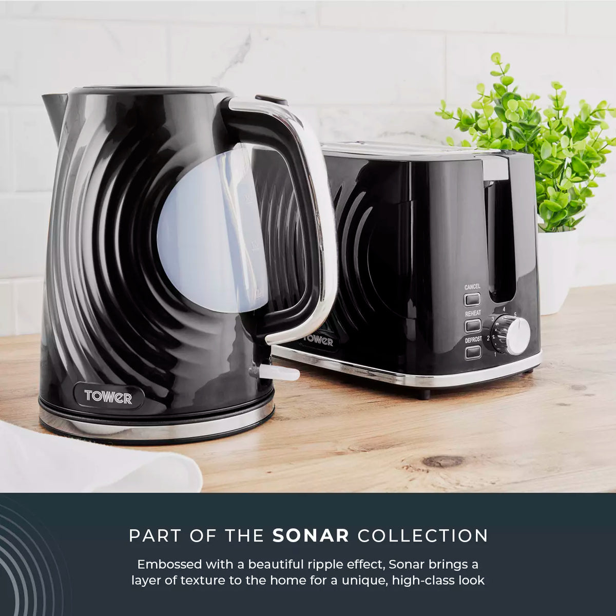 Tower Sonar Kettle, 2 Slice Toaster & Microwave Kitchen Set (Black)