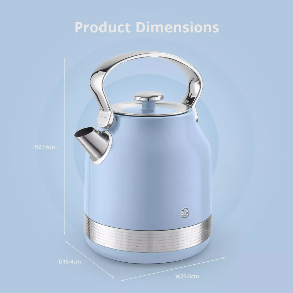 Blue electric kettle with chrome lid and side spout and handle profiles