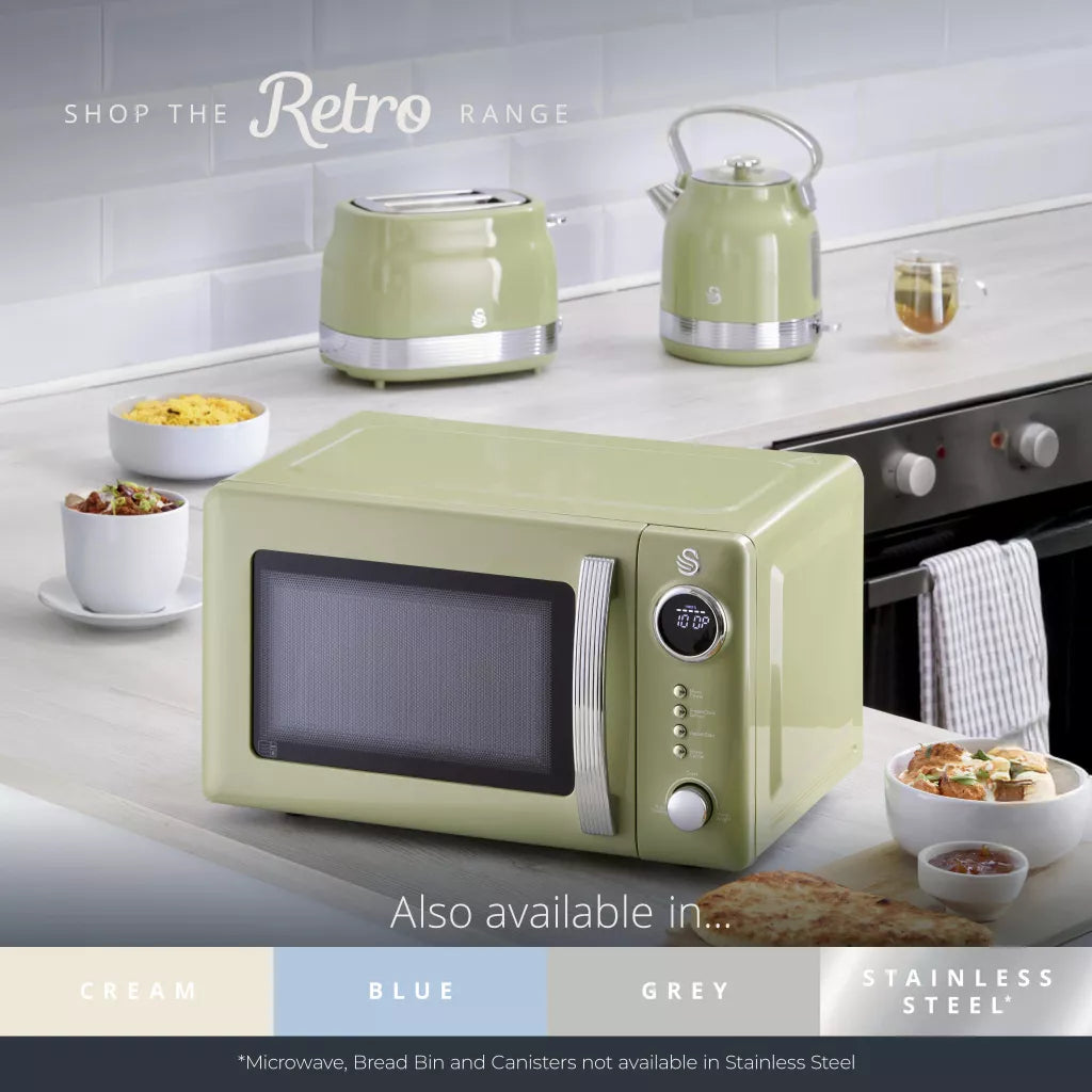 Swan Retro Pyramid Kettle, 4 Slice Toaster & Microwave Kitchen Set (Green)
