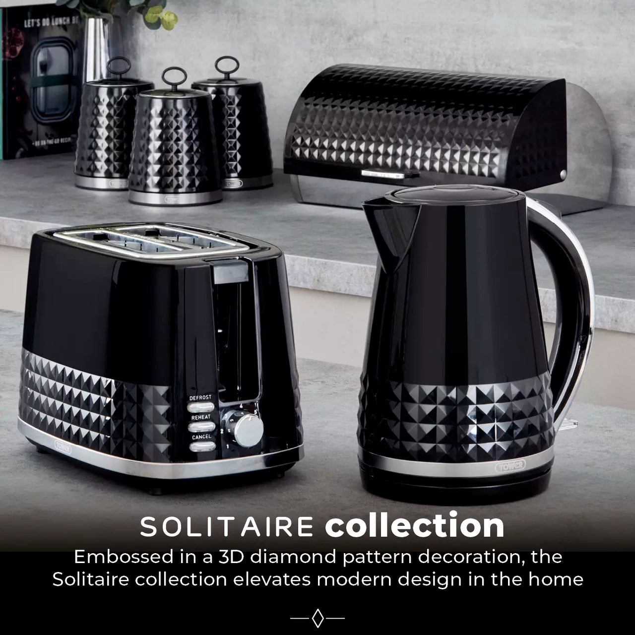 Tower Solitaire Jug Kettle, 2 Slice Toaster, Bread Bin & Canisters Kitchen Set (Black)