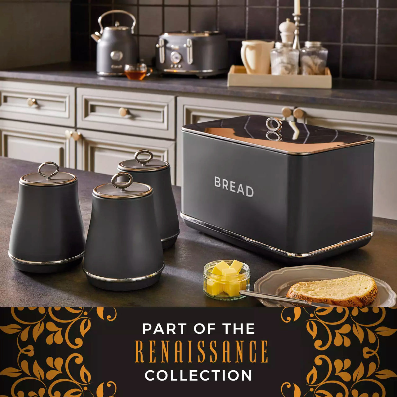 Grey bread bin and matching kitchen canisters set with ring-lid tops