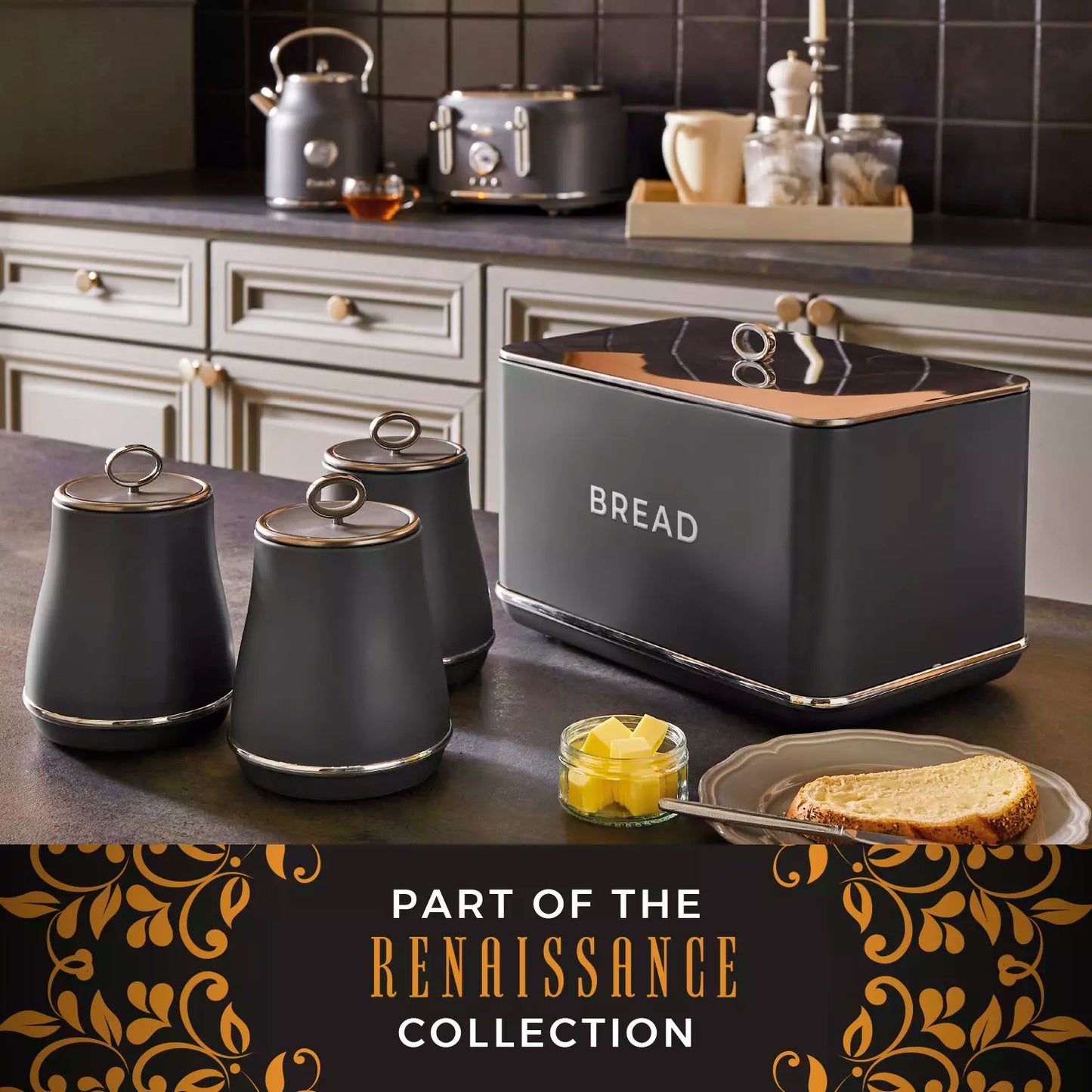 Tower Tower Renaissance Kettle, 4 Slice Toaster, Bread Bin & Canisters Kitchen Set (Grey)