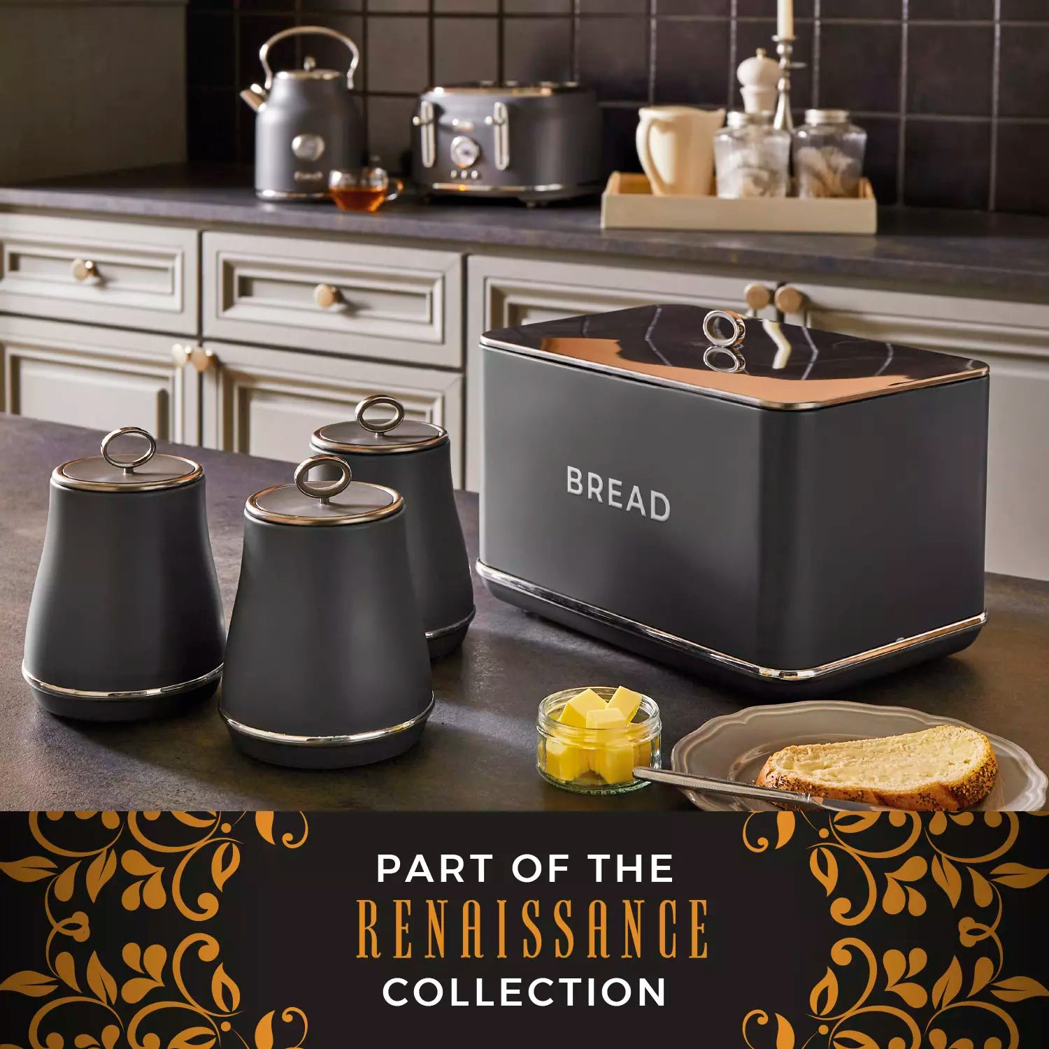 Tower Tower Renaissance Kettle, 4 Slice Toaster, Bread Bin & Canisters Kitchen Set (Grey)