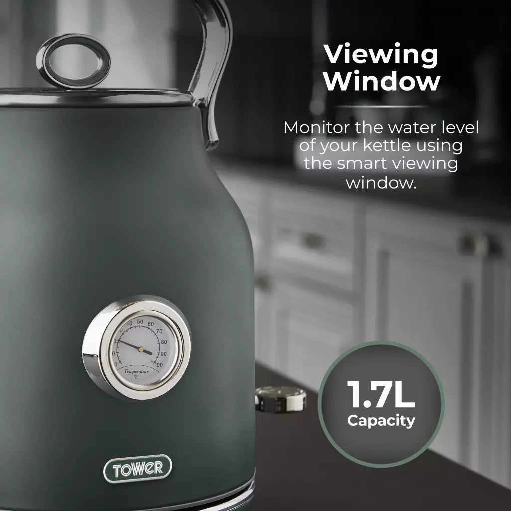 Forest green kettle side view showing viewing window area and capacity markings