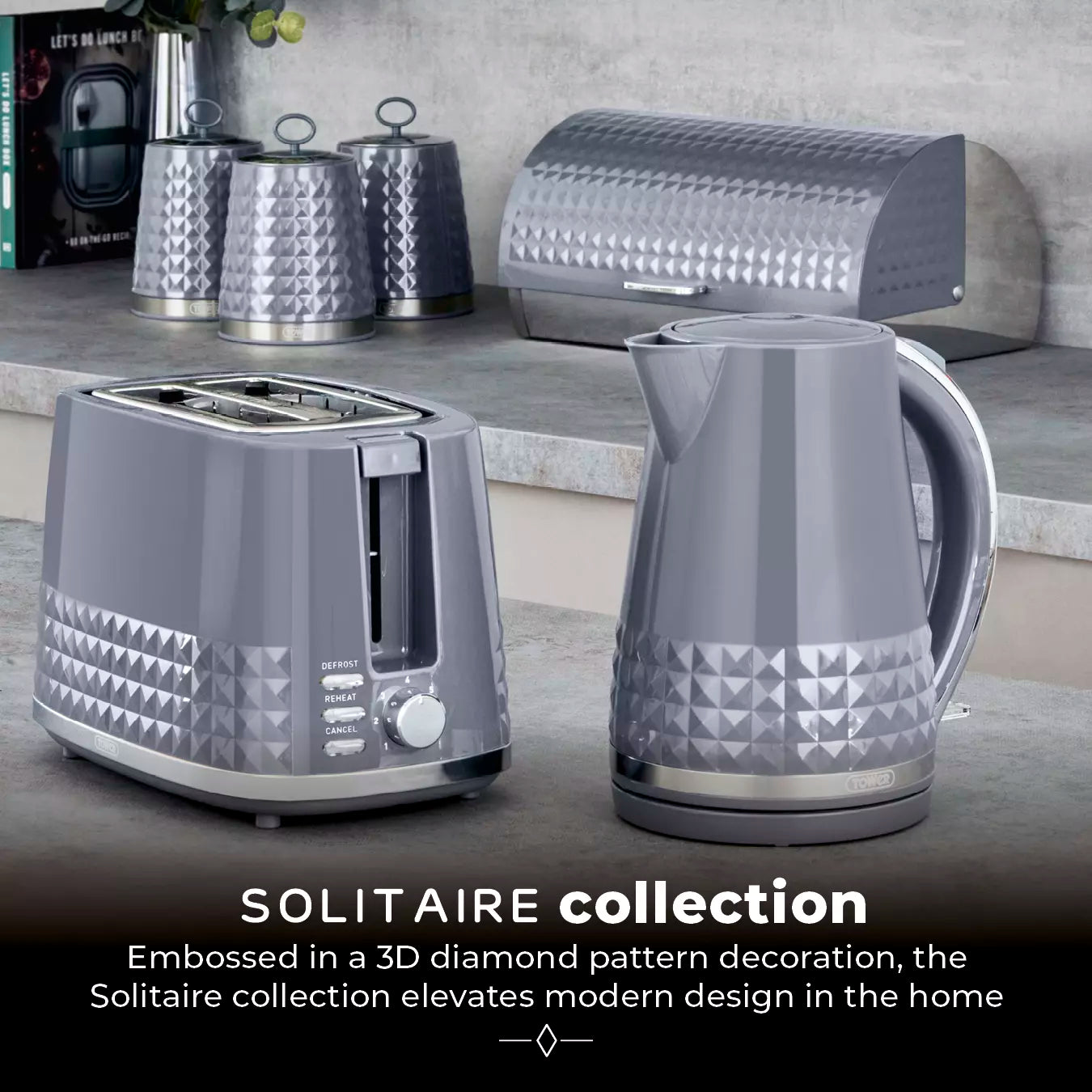 Tower Tower Solitaire Jug Kettle, 2 Slice Toaster, Bread Bin & Canisters Kitchen Set (Grey)