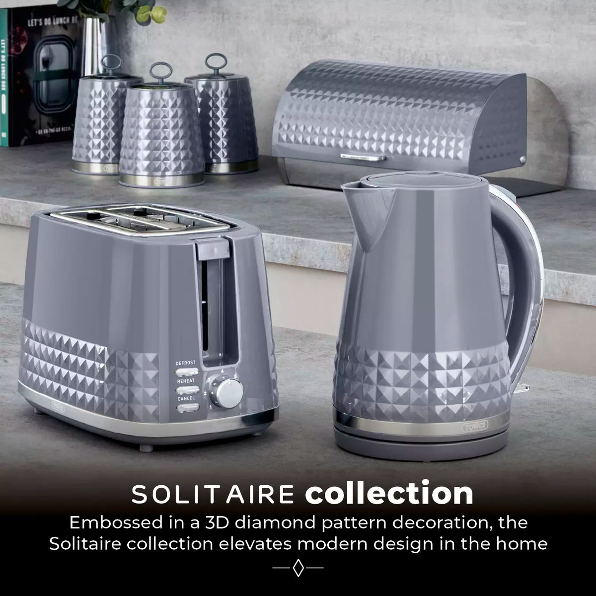 Tower Tower Solitaire Jug Kettle, 2 Slice Toaster, Bread Bin & Canisters Kitchen Set (Grey)