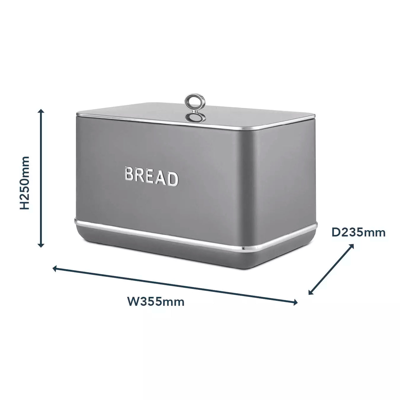 Grey metal bread bin with ring handle, shown with W355mm x H250mm x D235mm size