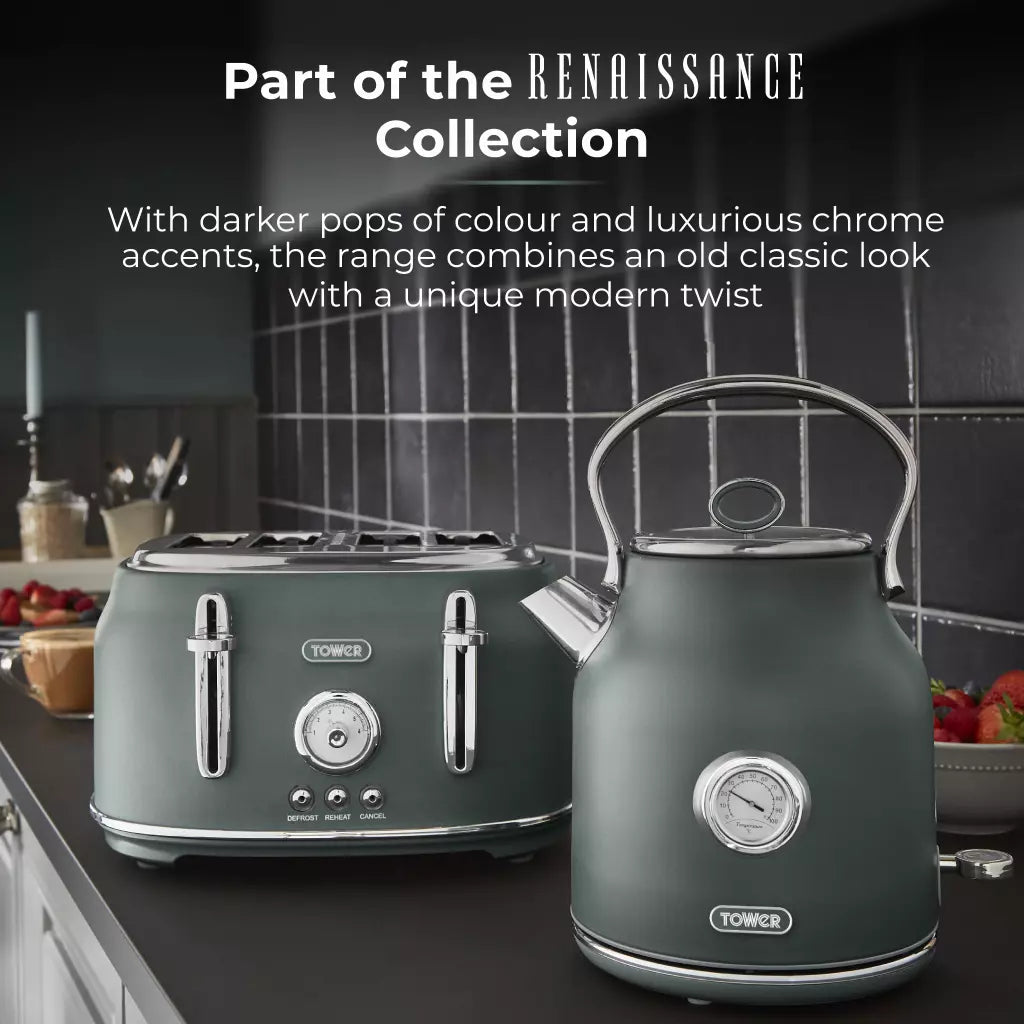 Forest green kettle and 4-slice toaster set with chrome accents on a kitchen counter