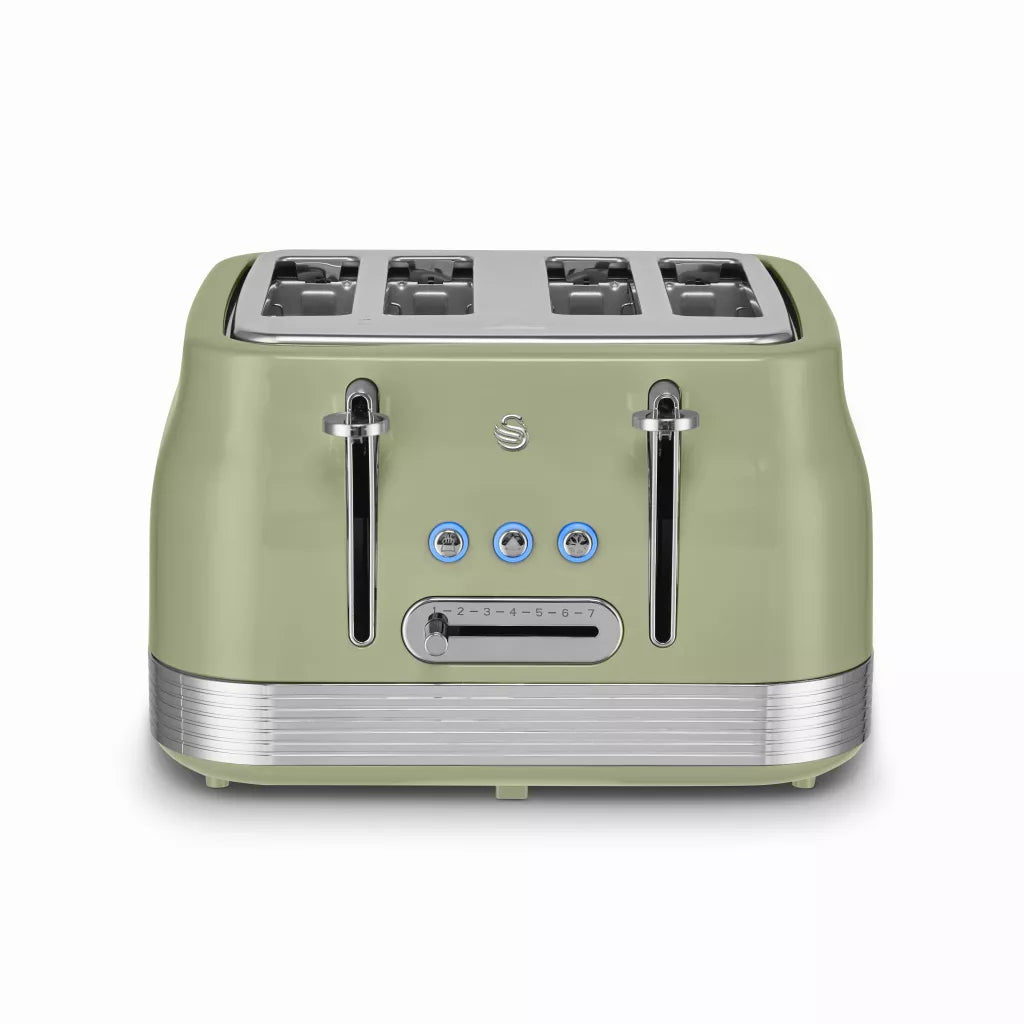 Swan Swan Retro Pyramid Kettle, 4 Slice Toaster, Bread Bin & Canisters Kitchen Set (Green)