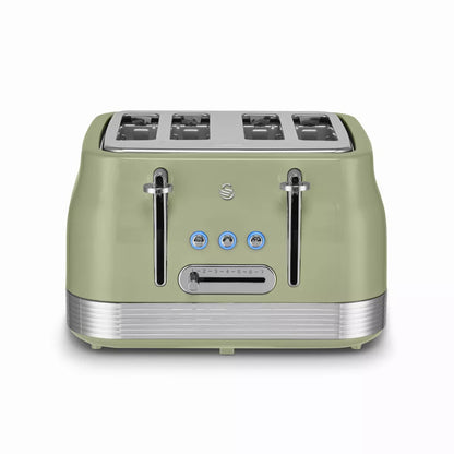 Swan Swan Retro Pyramid Kettle, 4 Slice Toaster, Bread Bin & Canisters Kitchen Set (Green)