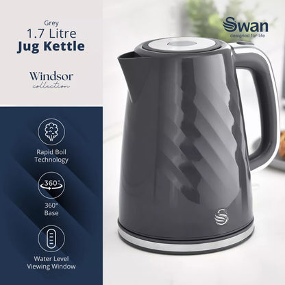 Swan Windsor Kettle & 2 Slice Toaster Kitchen Set (Grey)