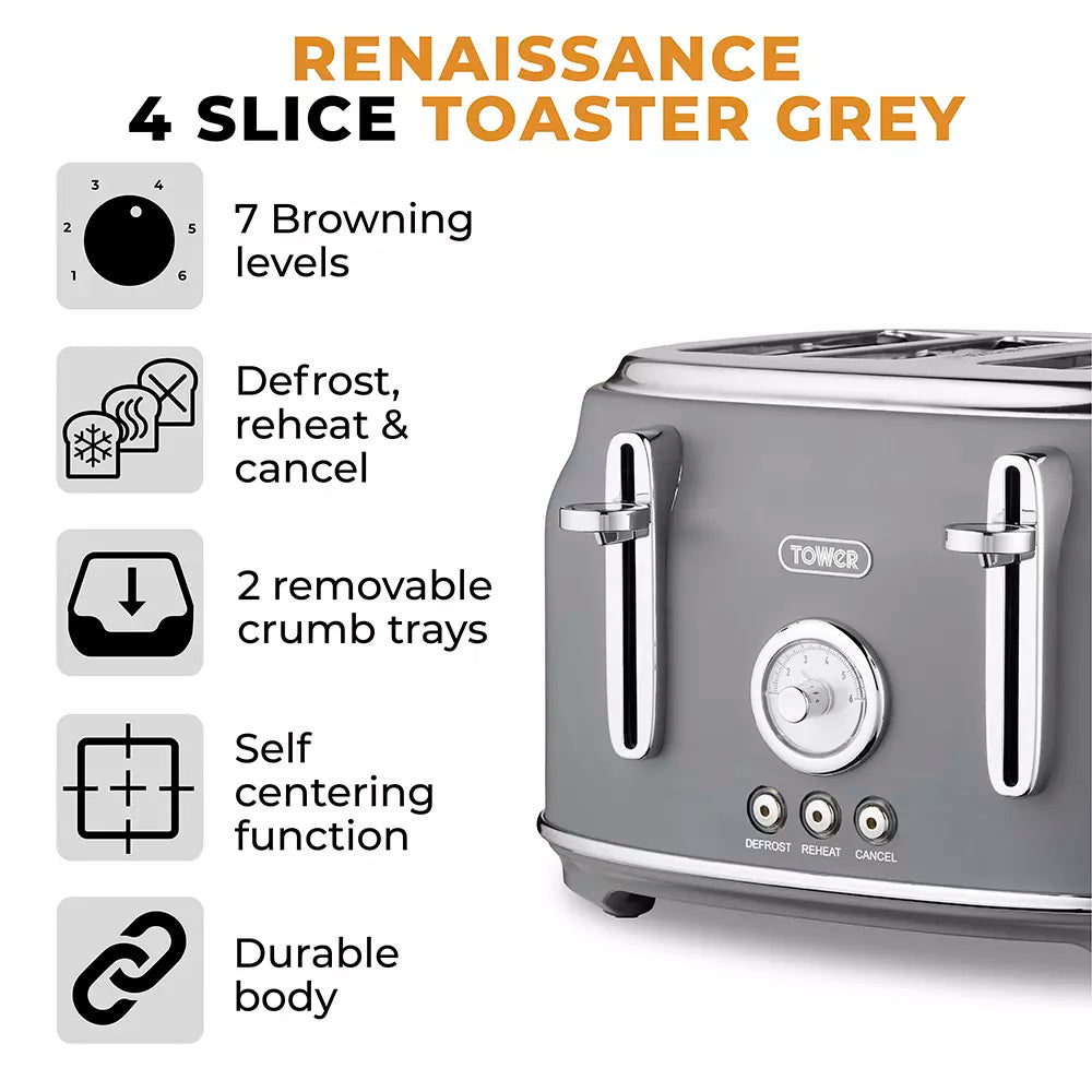 Tower Tower Renaissance Kettle, 4 Slice Toaster, Bread Bin & Canisters Kitchen Set (Grey)