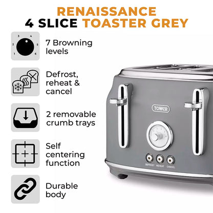 Tower Tower Renaissance Kettle, 4 Slice Toaster, Bread Bin & Canisters Kitchen Set (Grey)