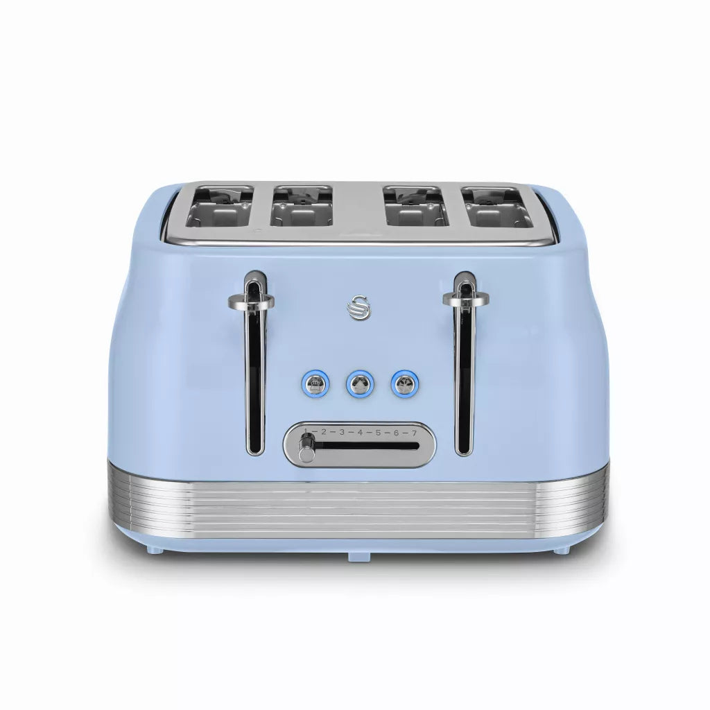 Light blue retro 4-slice toaster with chrome levers and control panel