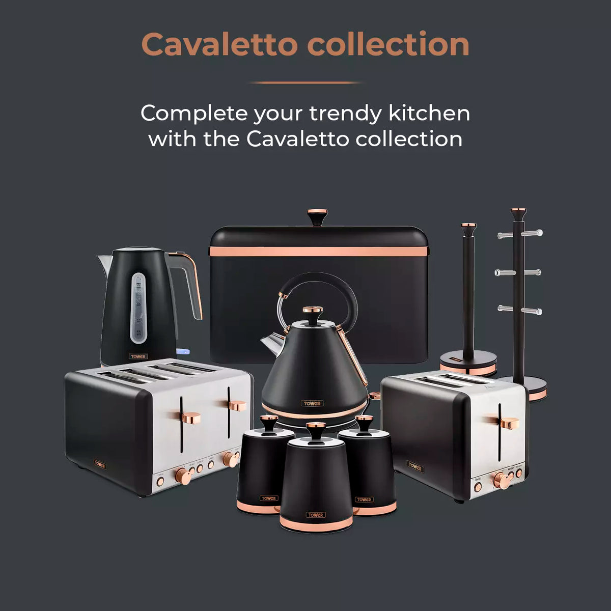 Tower Cavaletto Jug Kettle, 2 Slice Toaster, Canisters & Microwave Kitchen Set (Black)