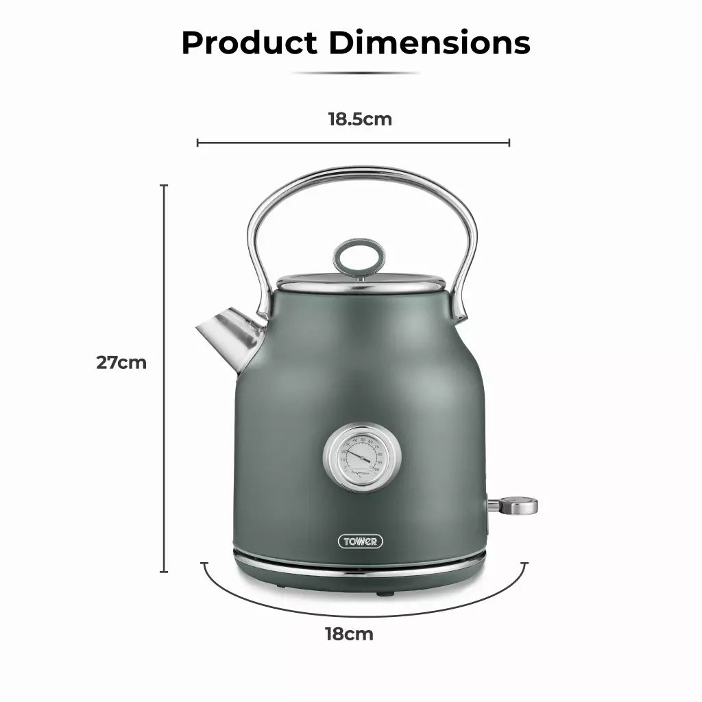 Forest green kettle product dimensions diagram with height and width measurements