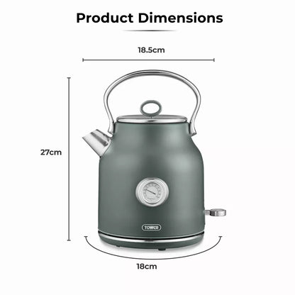 Forest green kettle product dimensions diagram with height and width measurements