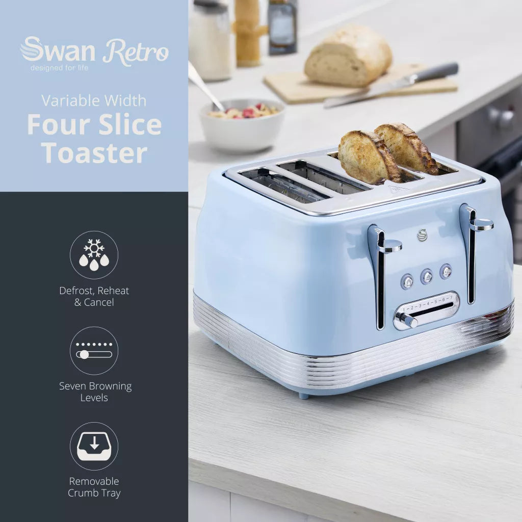 Light blue retro four-slice toaster with side-mounted lever controls
