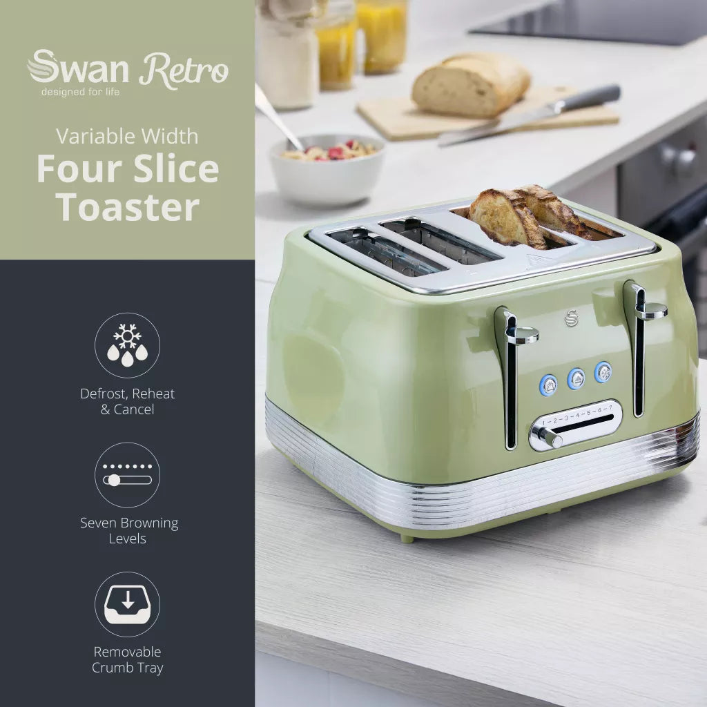 Swan Swan Retro Pyramid Kettle, 4 Slice Toaster, Bread Bin & Canisters Kitchen Set (Green)
