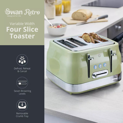 Swan Swan Retro Pyramid Kettle, 4 Slice Toaster, Bread Bin & Canisters Kitchen Set (Green)