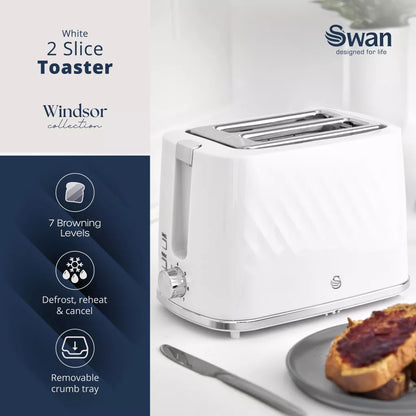 Swan Windsor Kettle & 2 Slice Toaster Kitchen Set (White)