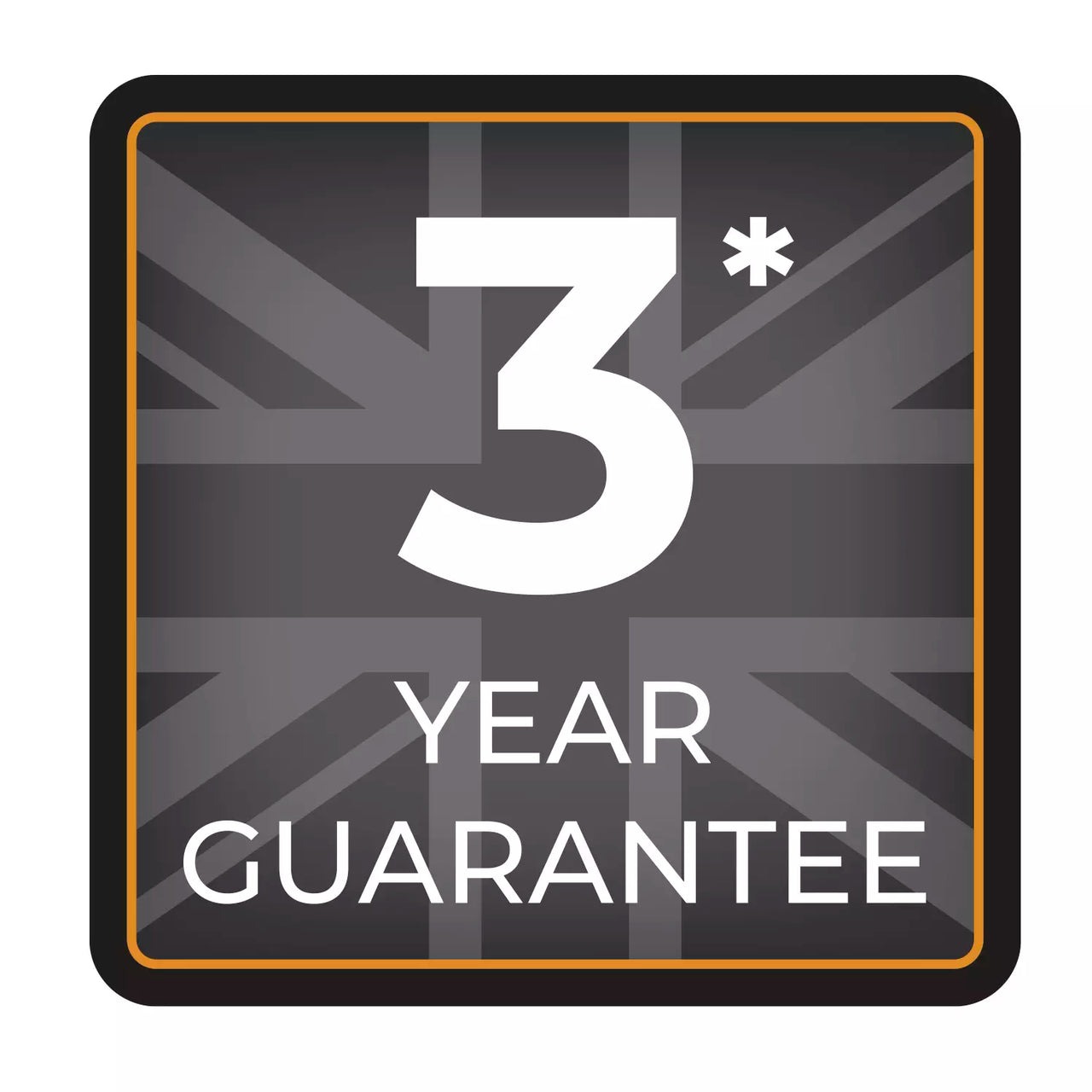 Warranty guarantee badge with 3-year icon and stars, on dark background border