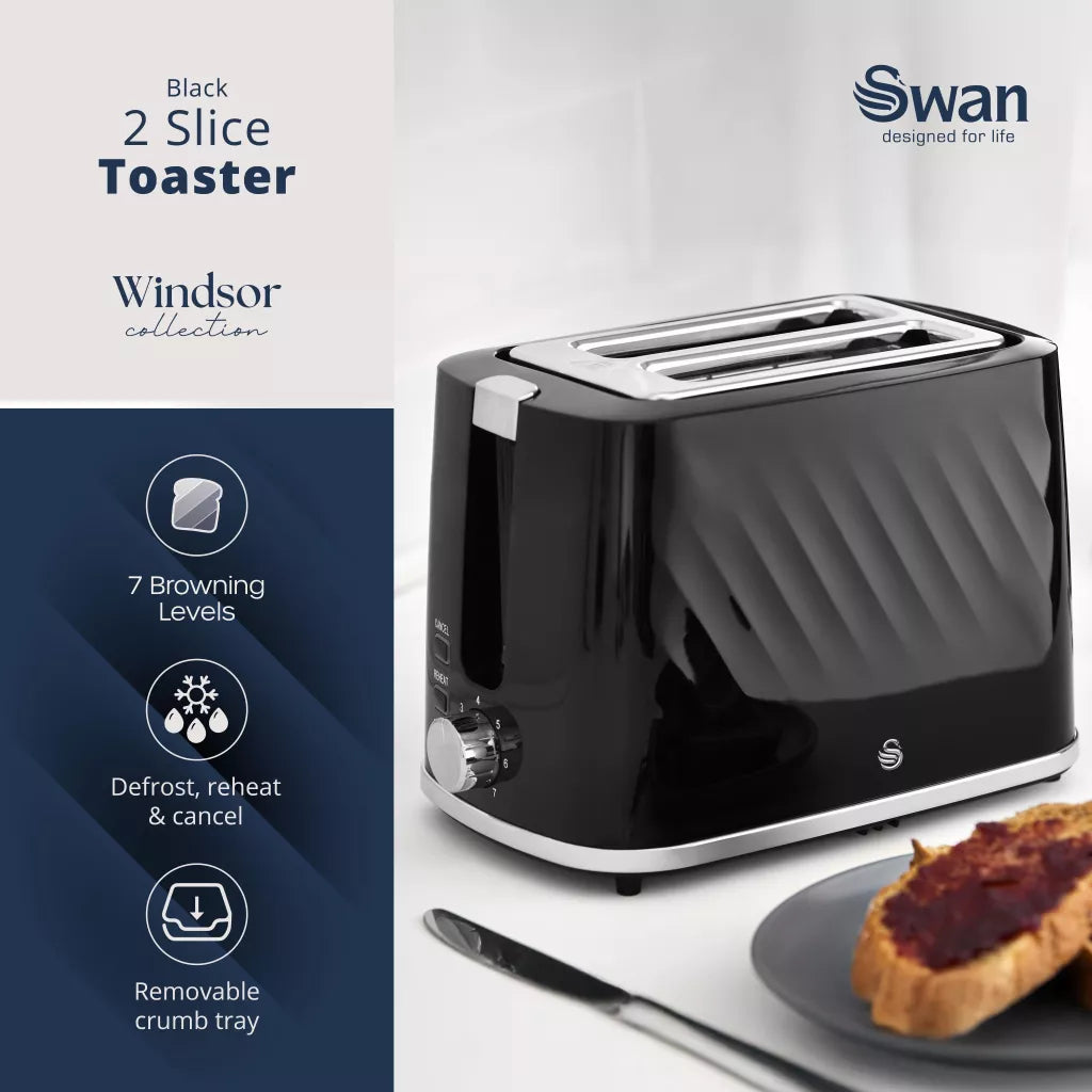 Swan Windsor Kettle & 2 Slice Toaster Kitchen Set (Black)