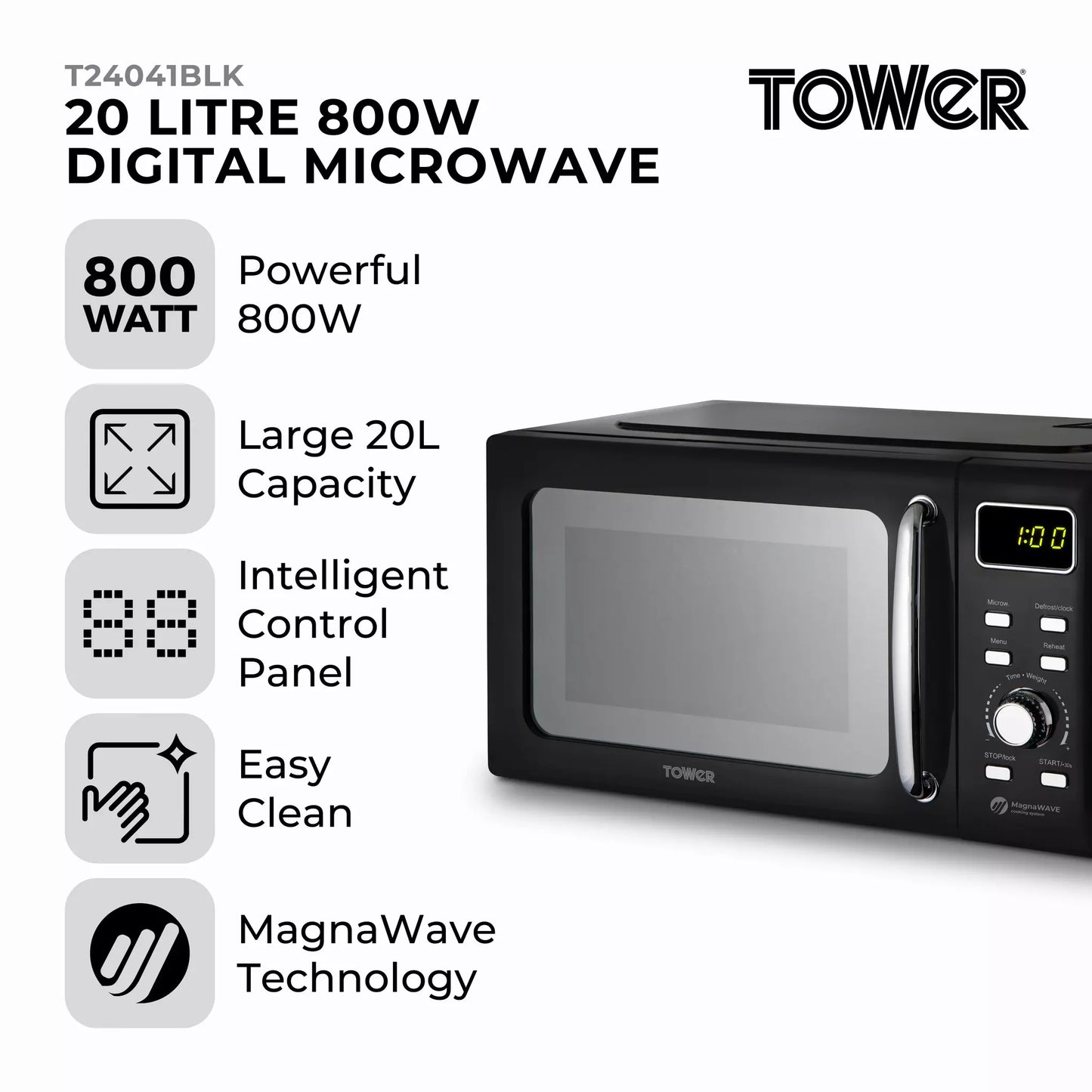 Tower Solitaire Kettle, 2 Slice Toaster & Microwave Kitchen Set (Black)