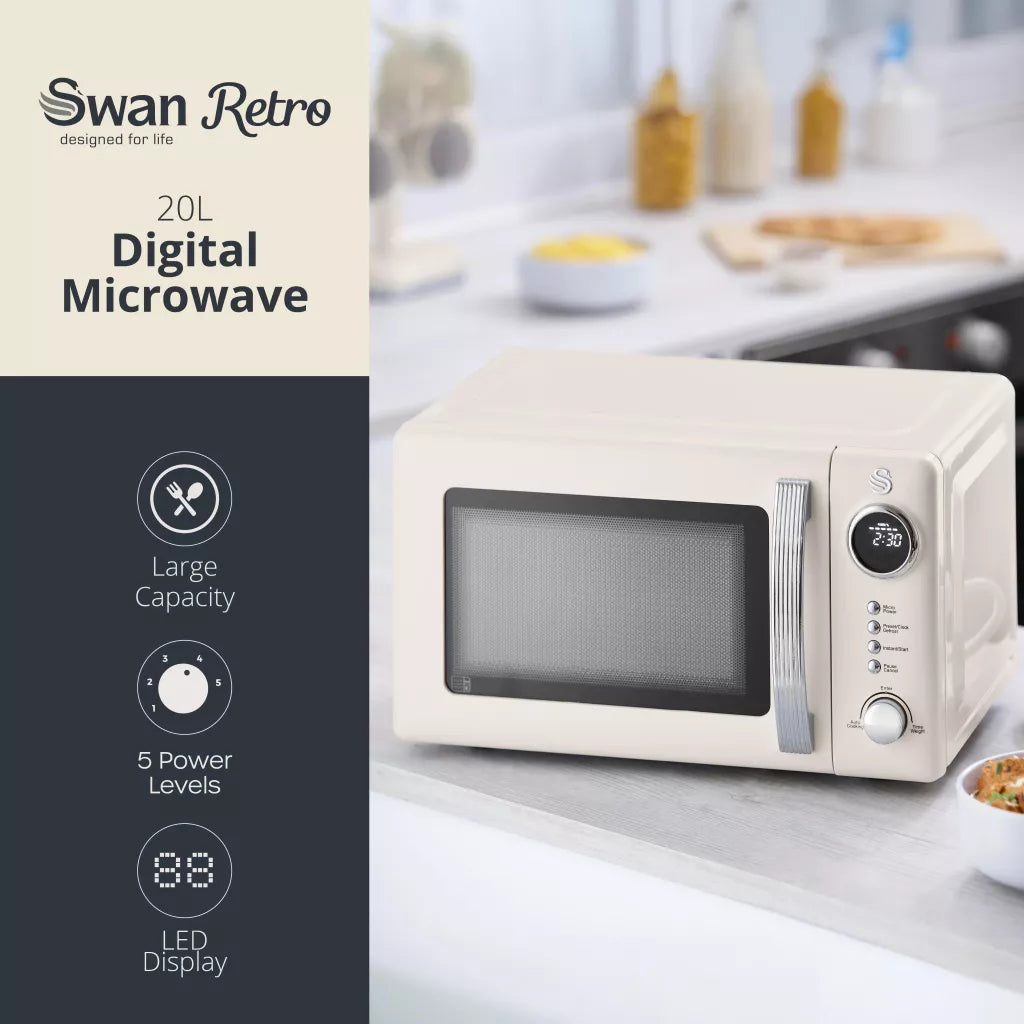 Swan Retro Pyramid Kettle, 4 Slice Toaster & Microwave Kitchen Set (Chantilly Cream)