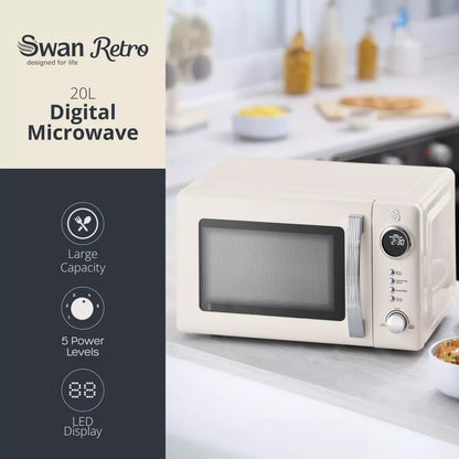 Swan Retro Pyramid Kettle, 4 Slice Toaster & Microwave Kitchen Set (Chantilly Cream)