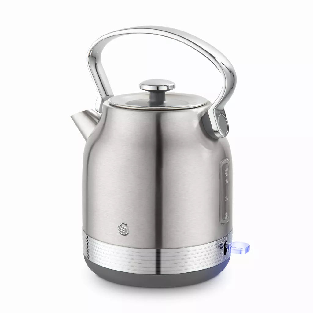 Stainless steel retro electric kettle with lid handle and blue-lit indicator at base