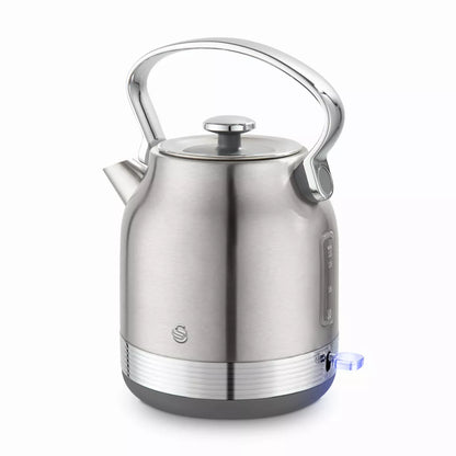 Stainless steel retro electric kettle with lid handle and blue-lit indicator at base
