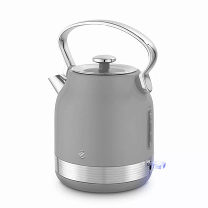 Grey retro pyramid-style kettle with lid and curved handle, front view
