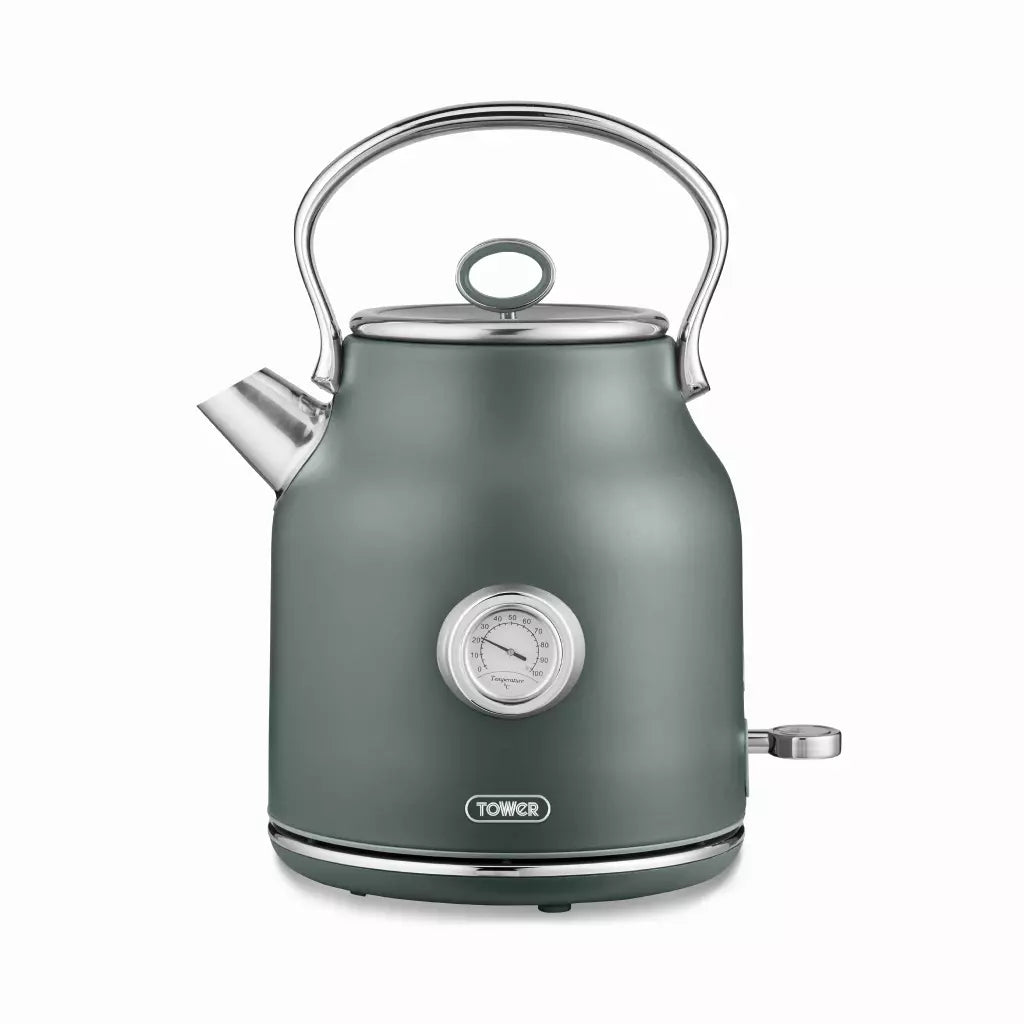 Forest green kettle with chrome handle and spout, round temperature dial